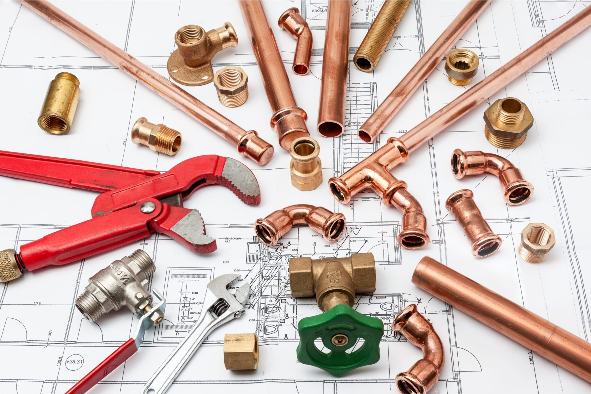 Copper pipes, fittings, valves, and plumbing tools in Venice