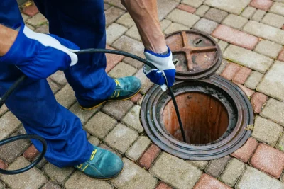 Plumber cleaning an outdoor sewer drain in Venice