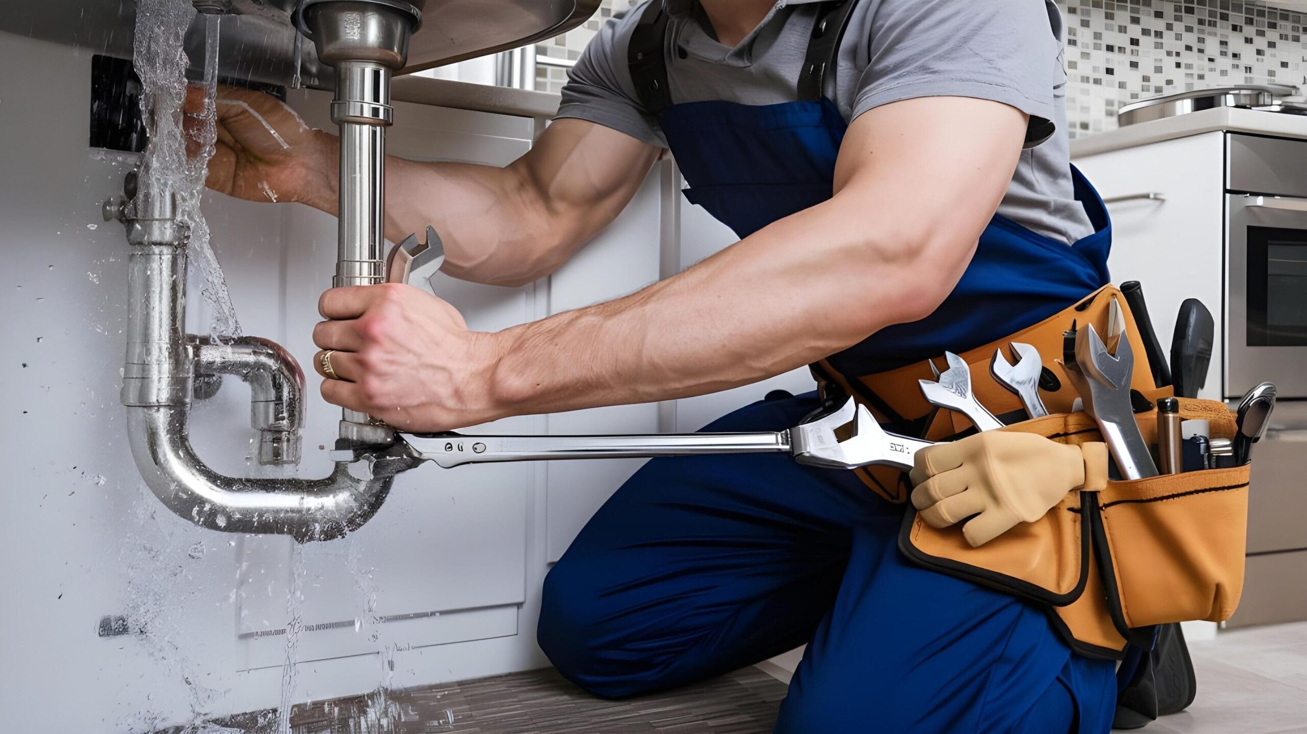 Plumber tightening a residential plumbing pipe in Venice